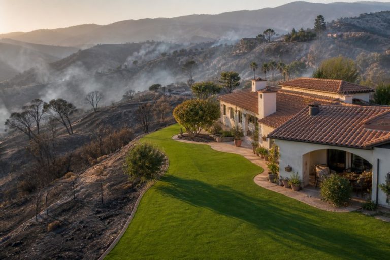 Vivienda con jardín de césped artificial intacto que actúa como cortafuegos frente a un incendio forestal en España